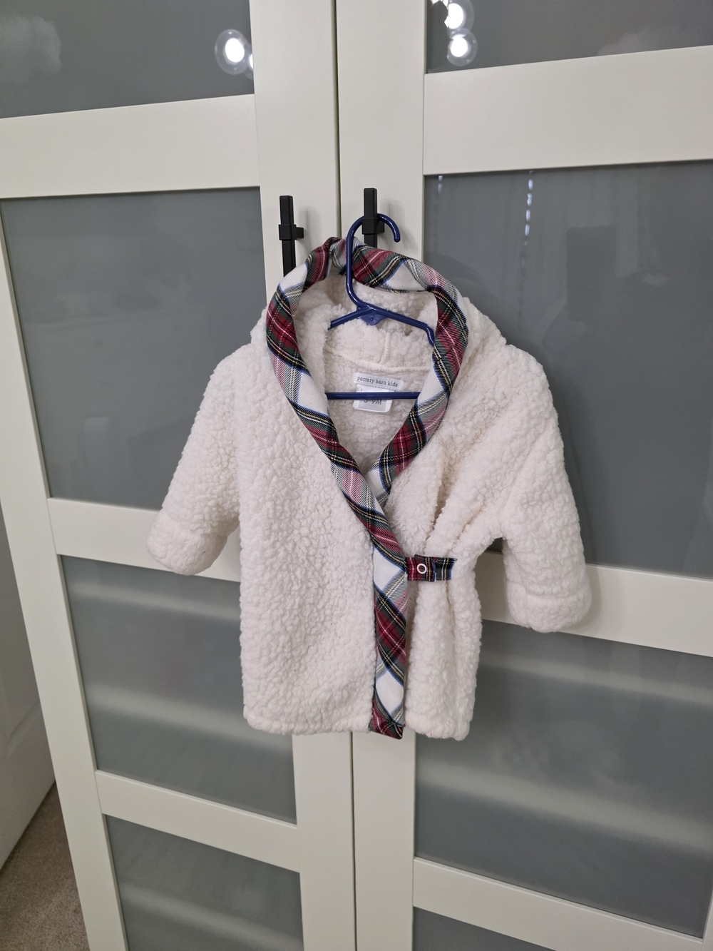 Pottery Barn Kids Cream Sherpa Jacket with Red and Green Plaid Trim